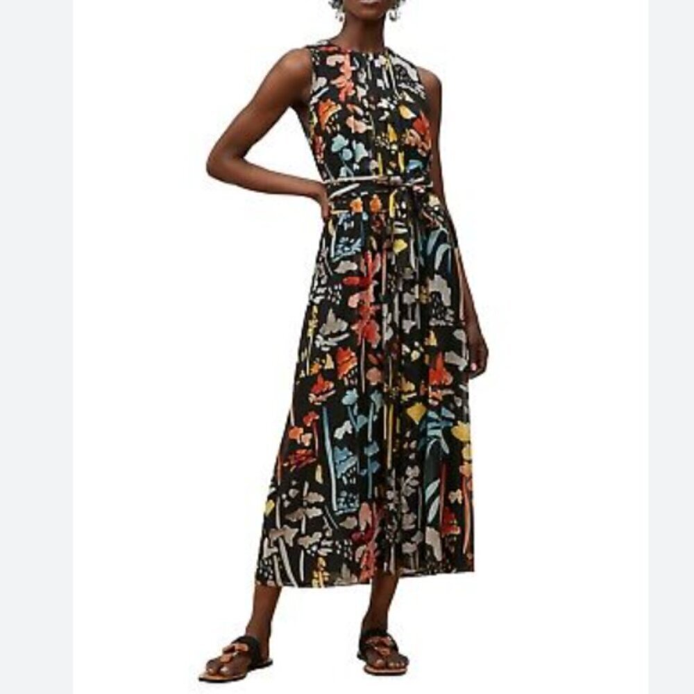 Lafayette 148 | Nia Blooming Eden Silk Midi Dress Pleated Tie Waist Size M - Picture 2 of 15
